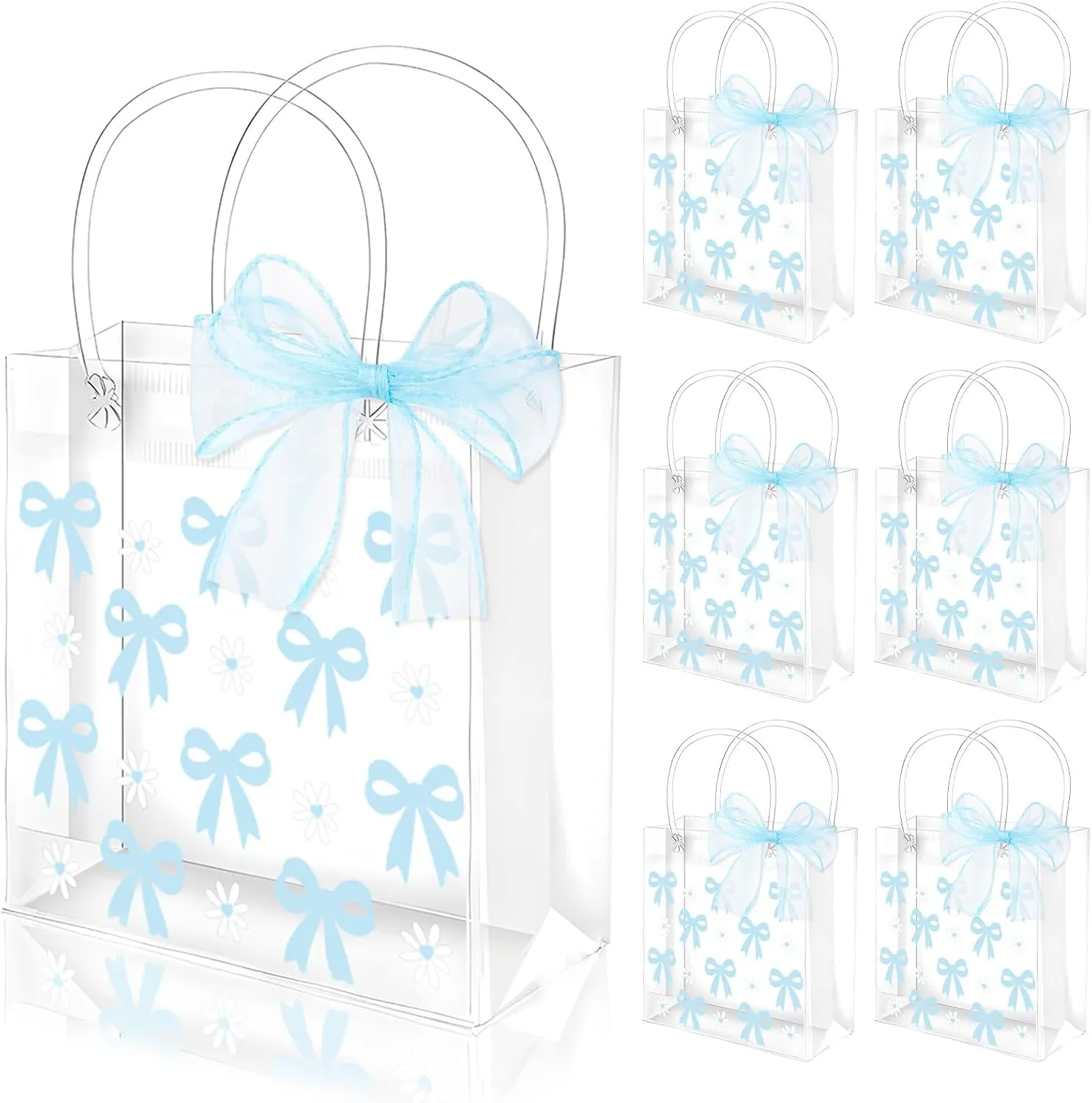 Whaline 12 Pcs Bow Coquette Clear PVC Gift Bags Blue Bowknot Daisy Flower Party Favor Bags with Handle Treat Tote Bags with Ribbon for Wedding Birthday Baby Shower