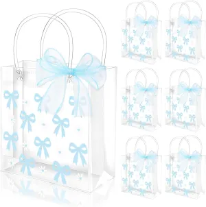 Whaline 12 Pcs Bow Coquette Clear PVC Gift Bags Blue Bowknot Daisy Flower Party Favor Bags with Handle Treat Tote Bags with Ribbon for Wedding Birthday Baby Shower