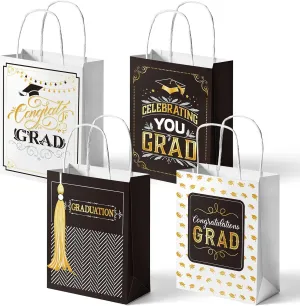 Whaline 12Pcs Graduation Gift Bags Congratulations Grad Party Favor Bag with Handle Black White Gold Celebrating Grad Treat Candy Bag for College Grad School Celebration Party Supplies, 4 Design