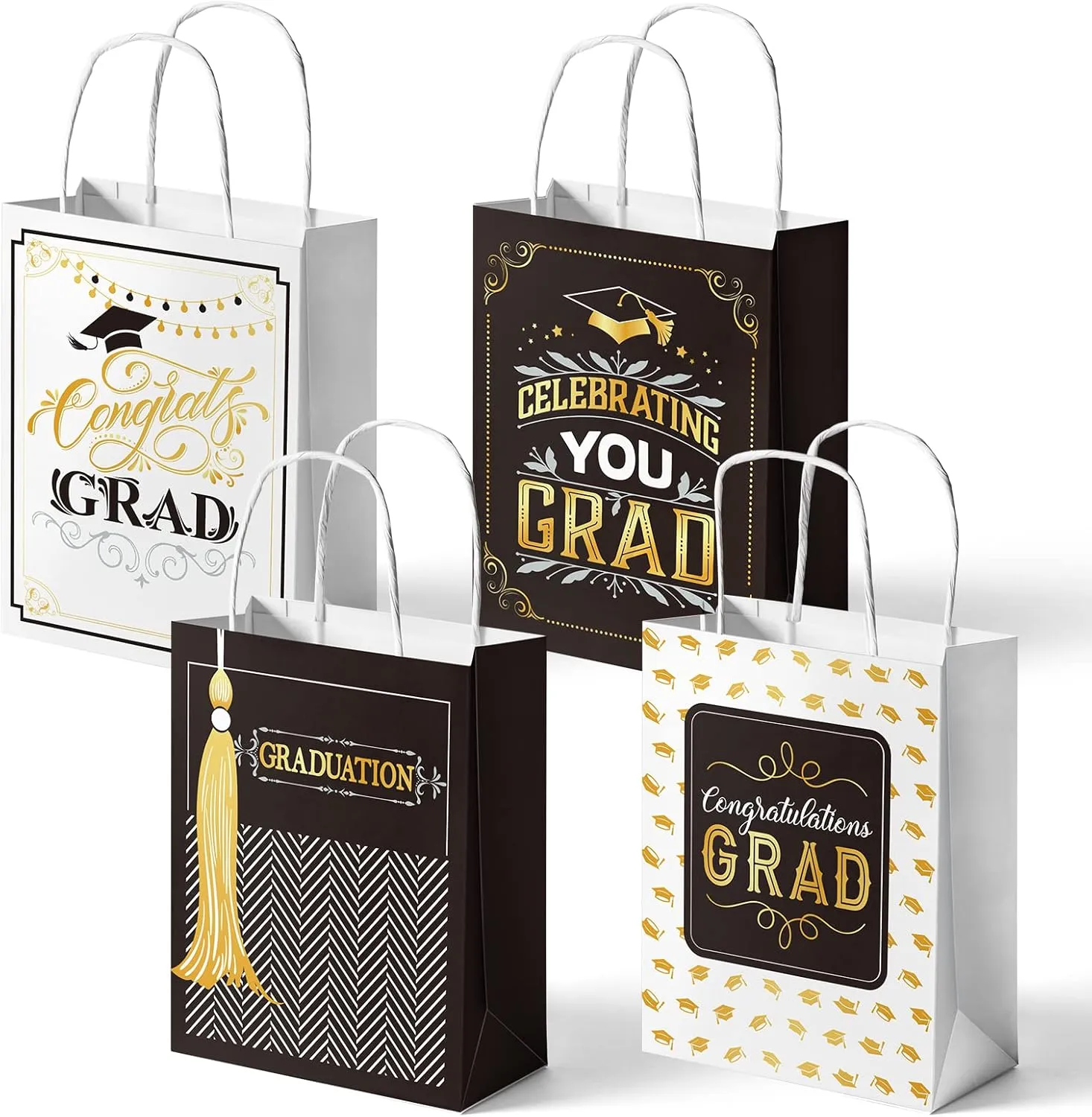 Whaline 12Pcs Graduation Gift Bags Congratulations Grad Party Favor Bag with Handle Black White Gold Celebrating Grad Treat Candy Bag for College Grad School Celebration Party Supplies, 4 Design