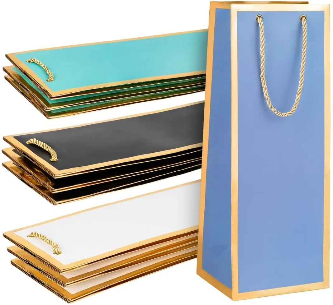 Wine Gift Bags 12 Pack - Reusable 4 Colors With Gold Foil Print Design with Soft Handles