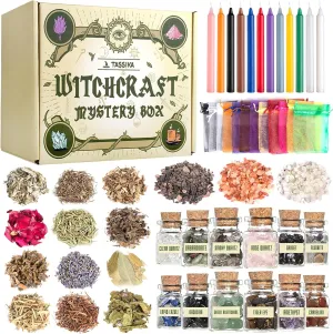 Witchcraft Starter Kit, Witchcraft Supplies for Wiccan Altar- 63 Pack of Crystals Dried Herbs, Colored Magic Candles, Charm Bags and Ritual Witches Salt for Spells, Baby Witches