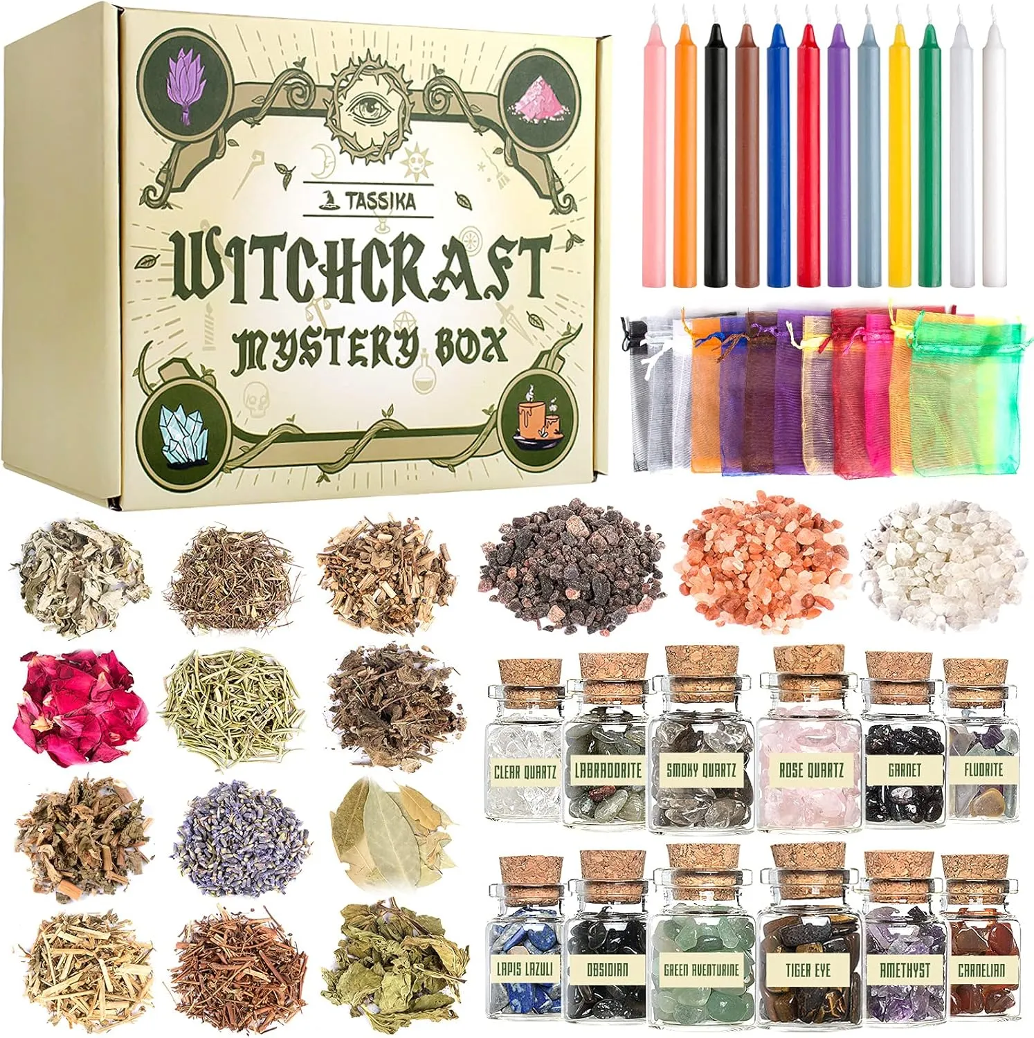 Witchcraft Starter Kit, Witchcraft Supplies for Wiccan Altar- 63 Pack of Crystals Dried Herbs, Colored Magic Candles, Charm Bags and Ritual Witches Salt for Spells, Baby Witches