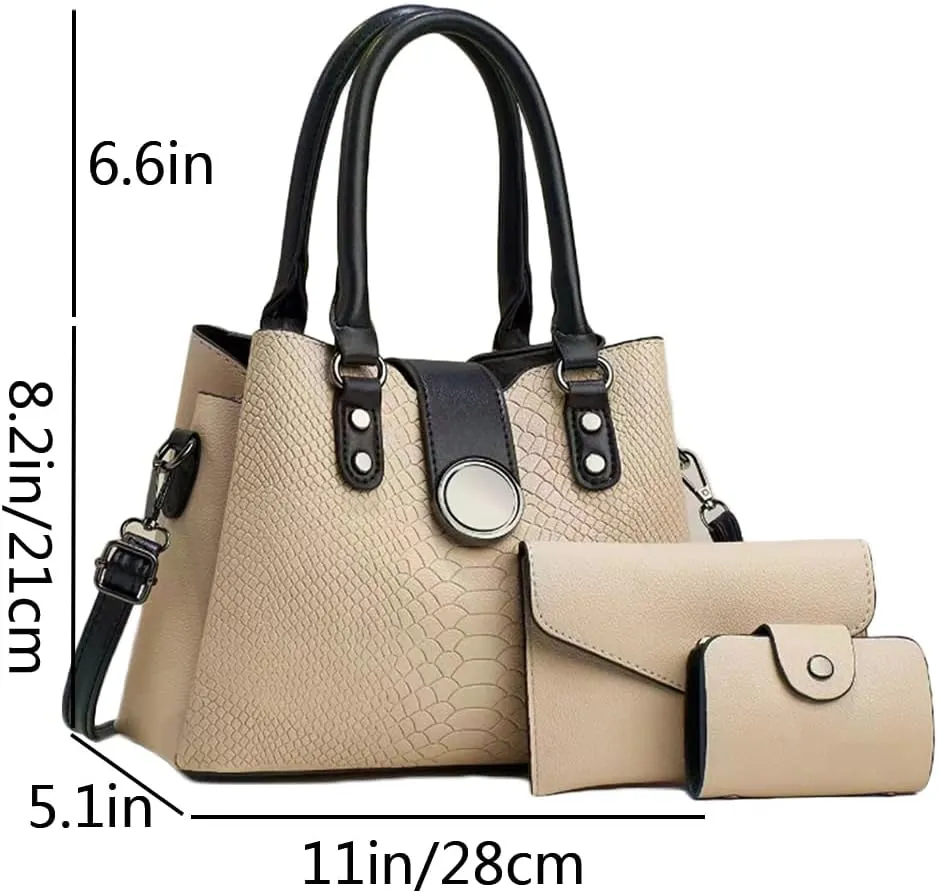 Women 3pcs Handbags and Purses Set Soft Faux Leather Totes Satchel Clutch Wallet Card Holder