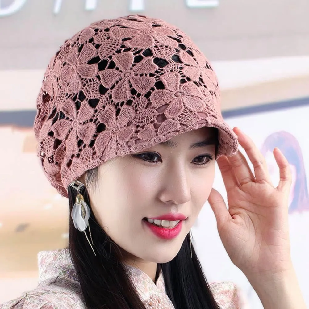 Women Fall Slouchy Crochet Beanie Hat Spring Summer Handmade Cutout Knit Skull Cap with Brim Visor