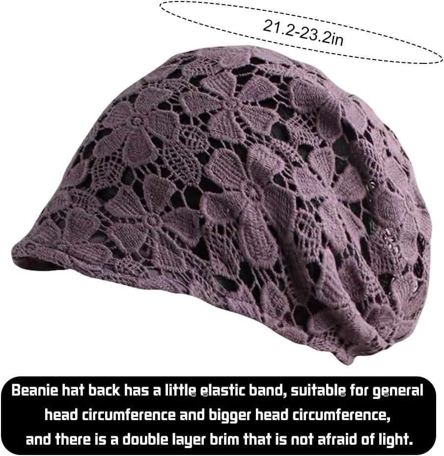 Women Fall Slouchy Crochet Beanie Hat Spring Summer Handmade Cutout Knit Skull Cap with Brim Visor