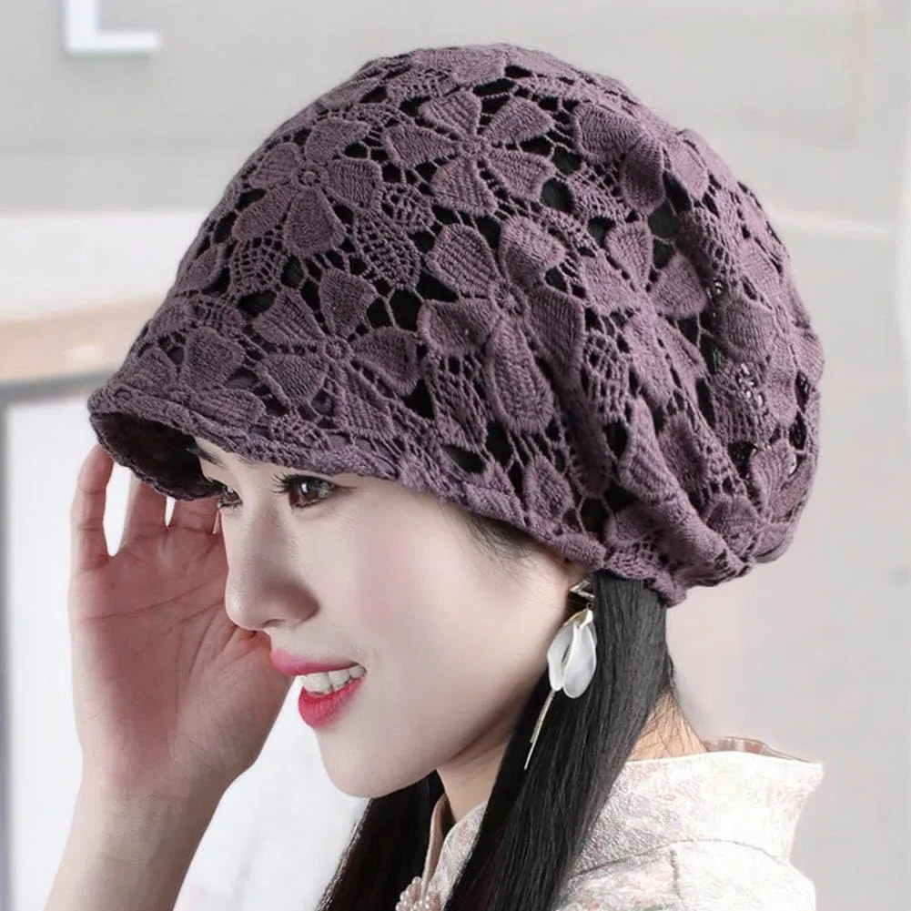Women Fall Slouchy Crochet Beanie Hat Spring Summer Handmade Cutout Knit Skull Cap with Brim Visor