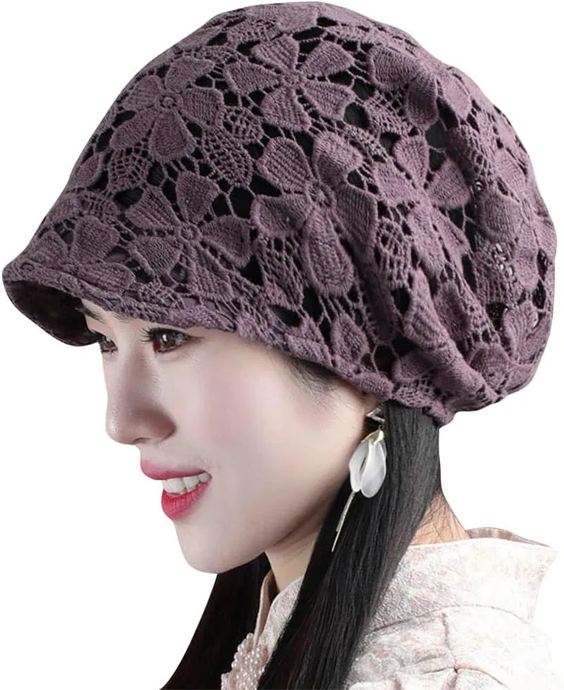 Women Fall Slouchy Crochet Beanie Hat Spring Summer Handmade Cutout Knit Skull Cap with Brim Visor