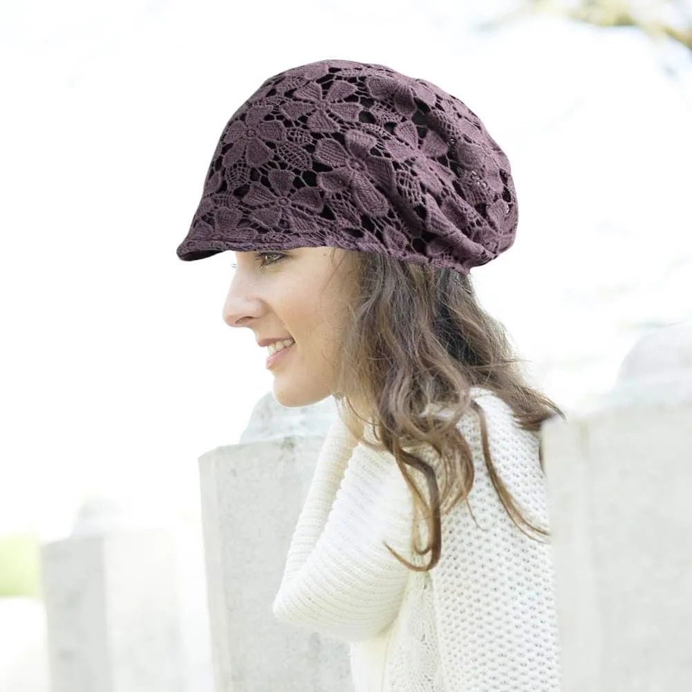 Women Fall Slouchy Crochet Beanie Hat Spring Summer Handmade Cutout Knit Skull Cap with Brim Visor