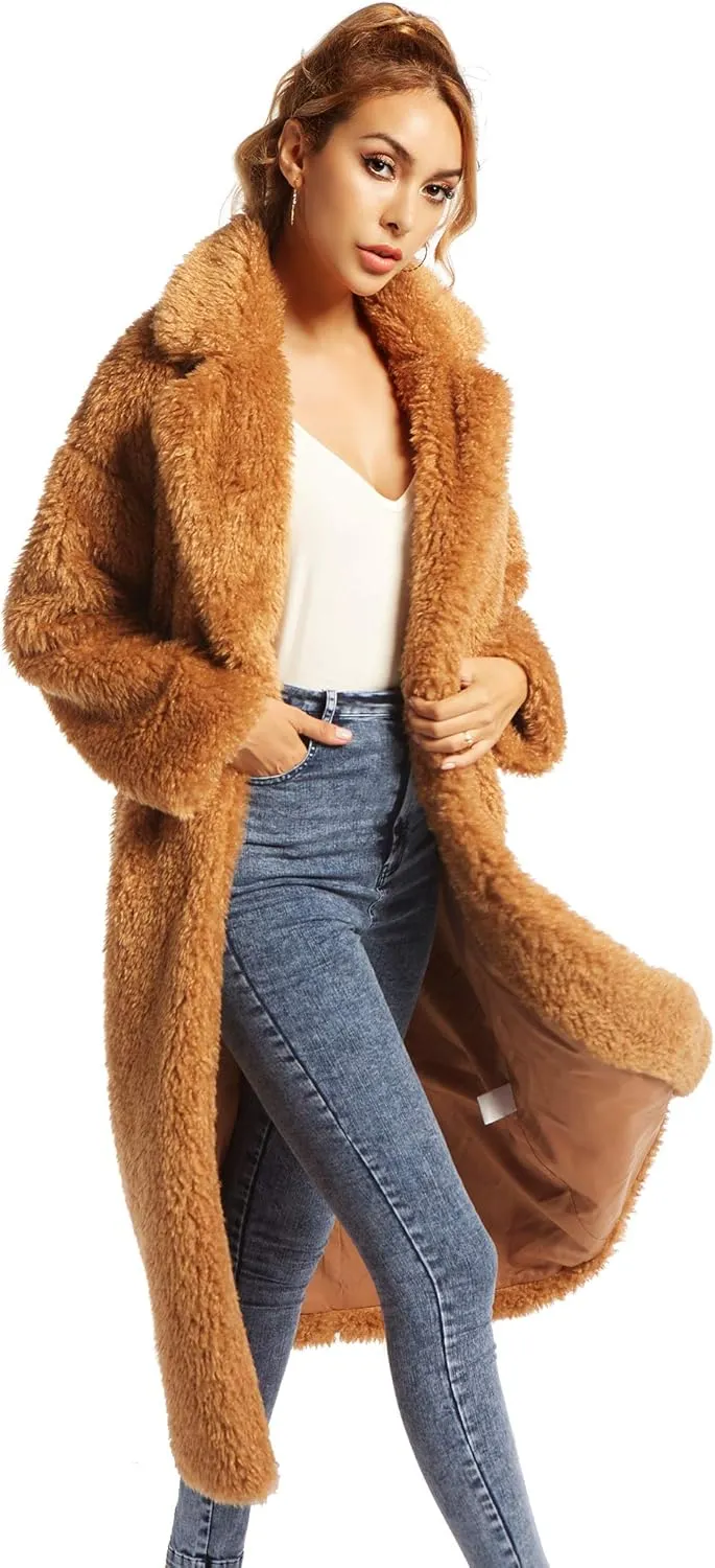 Women Faux Fur Winter Coats Comfort Warm Outerwear Open Front Long Cardigan Overcoat Jacket