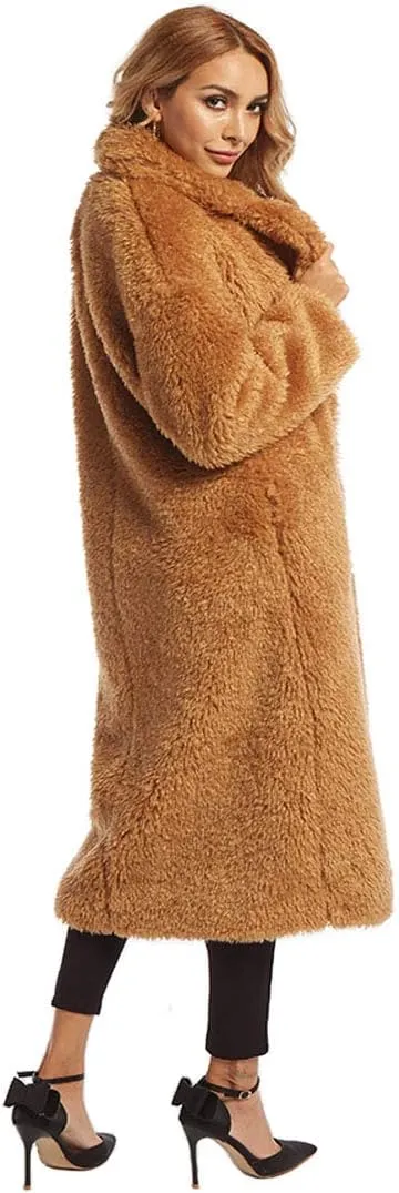 Women Faux Fur Winter Coats Comfort Warm Outerwear Open Front Long Cardigan Overcoat Jacket