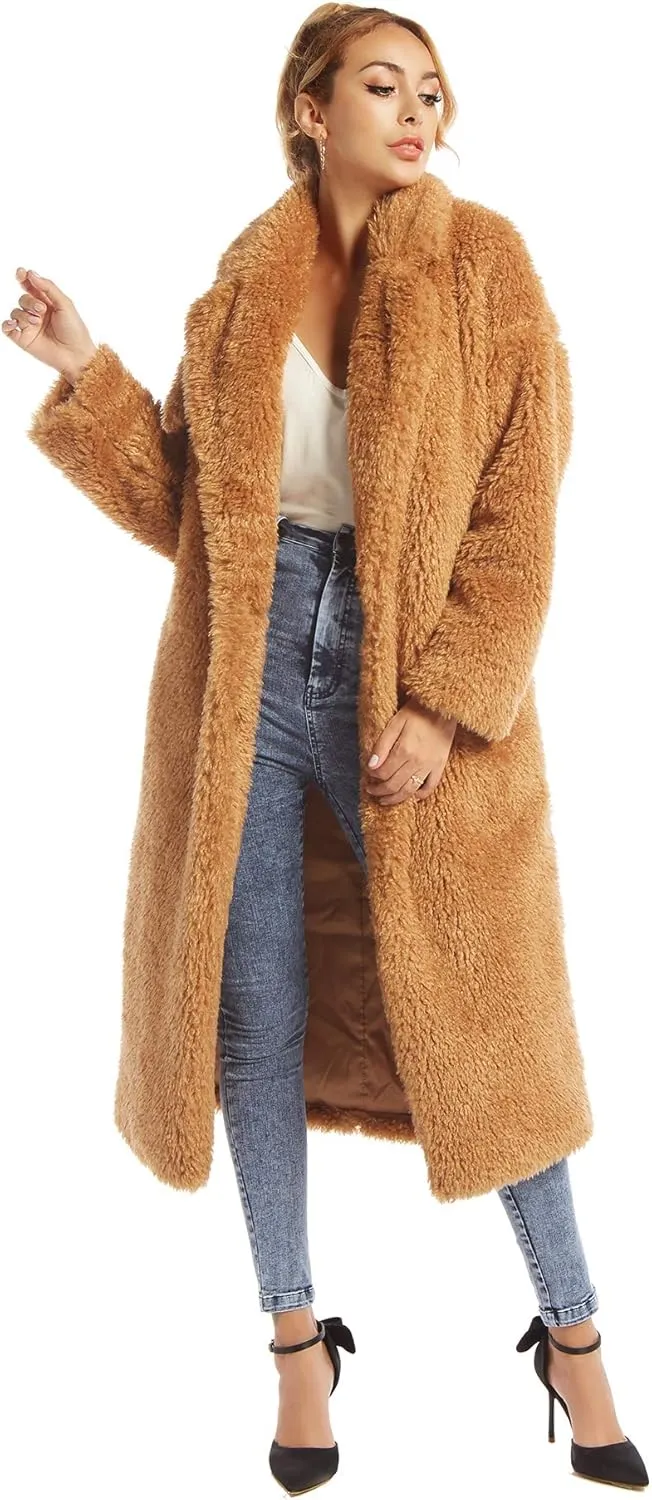 Women Faux Fur Winter Coats Comfort Warm Outerwear Open Front Long Cardigan Overcoat Jacket