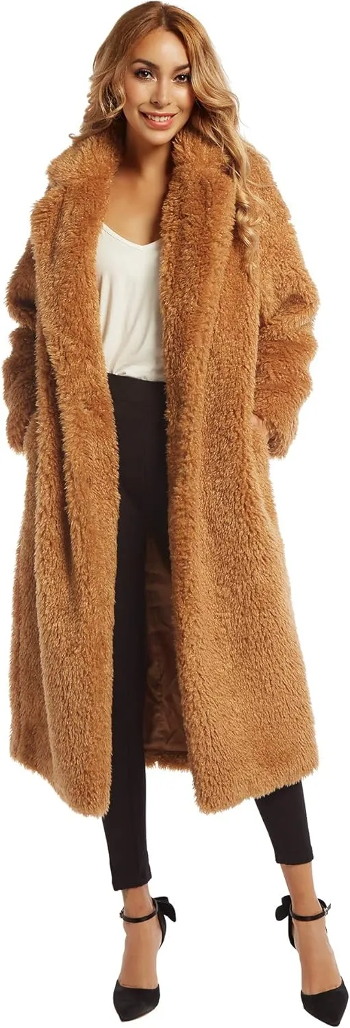 Women Faux Fur Winter Coats Comfort Warm Outerwear Open Front Long Cardigan Overcoat Jacket