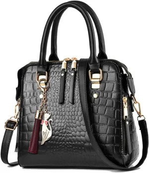 Women Small Top Handle Handbag Crocodile Pattern Satchel PU Fox Tassel Pendant Shoulder Bags