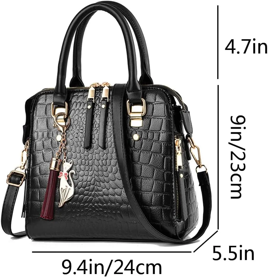 Women Small Top Handle Handbag Crocodile Pattern Satchel PU Fox Tassel Pendant Shoulder Bags