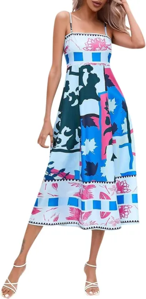 Women Tie Shoulder Graphic Boho Maxi Dresses Sleeveless Flowy A Line Dress Summer Vocation Graffiti Vacation Sundress