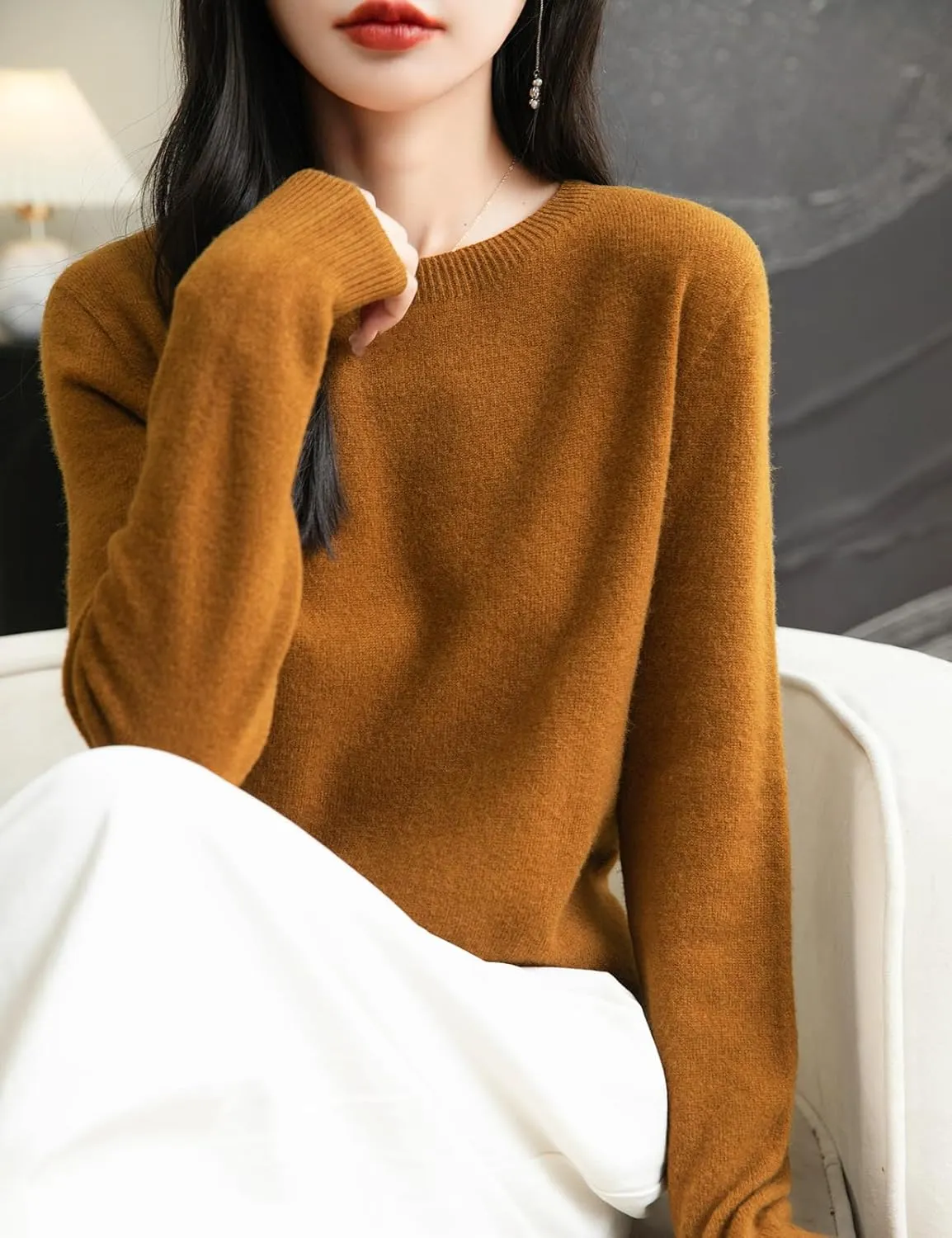 Women's 100% Merino Wool 2025 Fall Winter First-Line Ready to Wear Long Sleeve Seamless Knit Crewneck Sweater