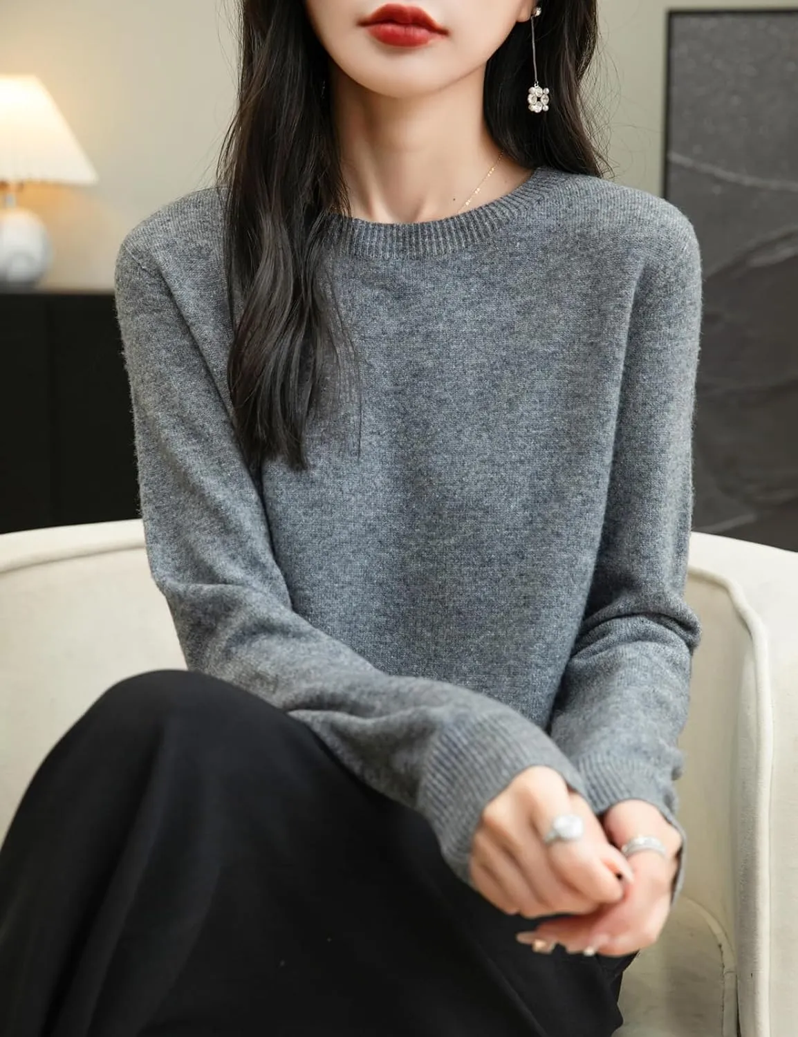 Women's 100% Merino Wool 2025 Fall Winter First-Line Ready to Wear Long Sleeve Seamless Knit Crewneck Sweater