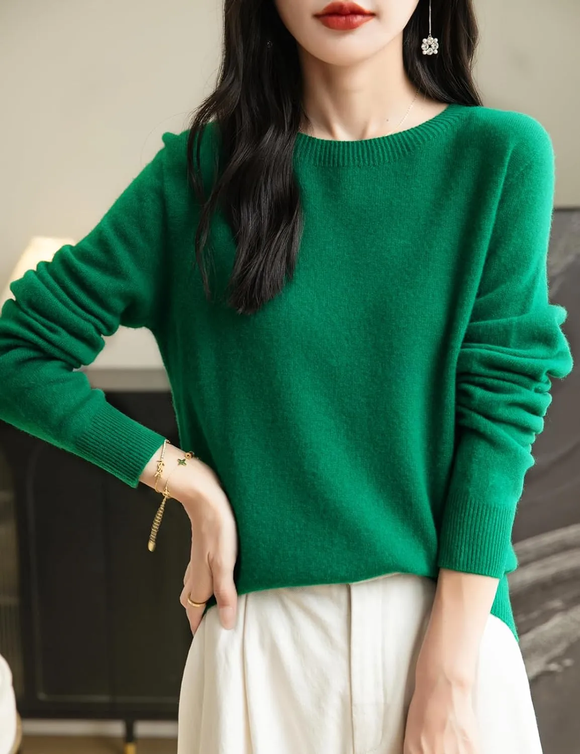 Women's 100% Merino Wool 2025 Fall Winter First-Line Ready to Wear Long Sleeve Seamless Knit Crewneck Sweater