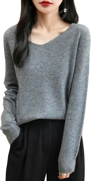 Women's 100% Merino Wool V Neck Sweater 2025 First-Line Ready to Wear Casual Long Sleeve Seamless Knit Sweater