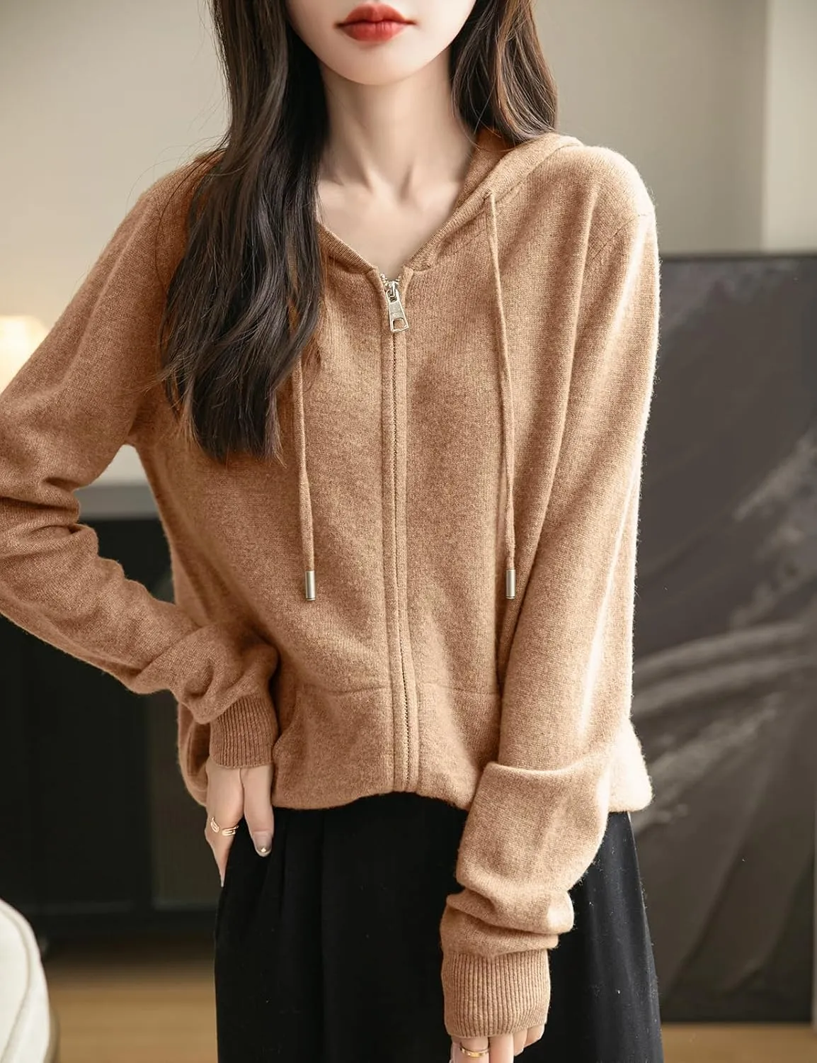 Women's 100% Merino Wool Zip Up Hoodies 2025 Fall Winter Warm Long Sleeve Knit Sweatshirt Cardigan with Pocket