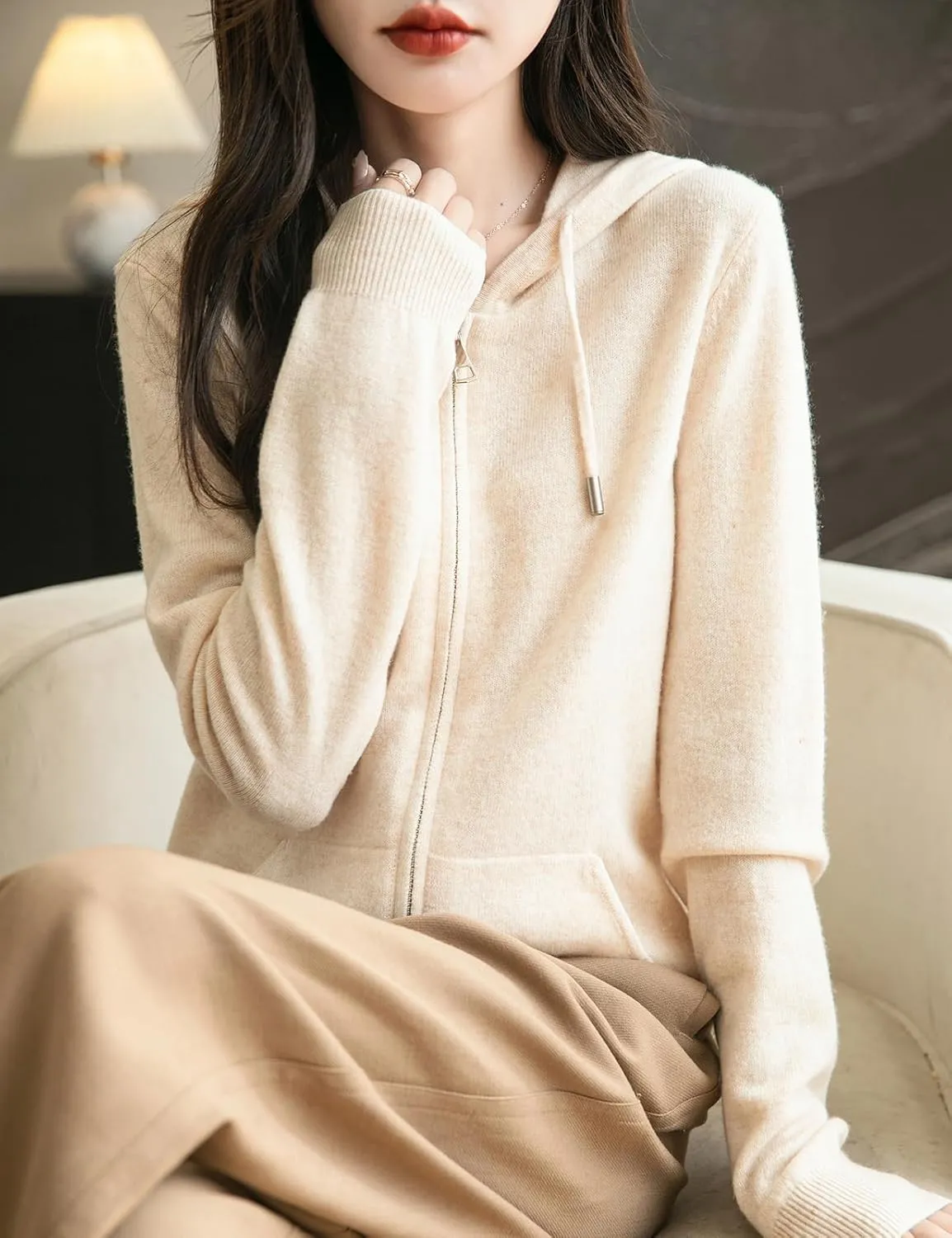 Women's 100% Merino Wool Zip Up Hoodies 2025 Fall Winter Warm Long Sleeve Knit Sweatshirt Cardigan with Pocket