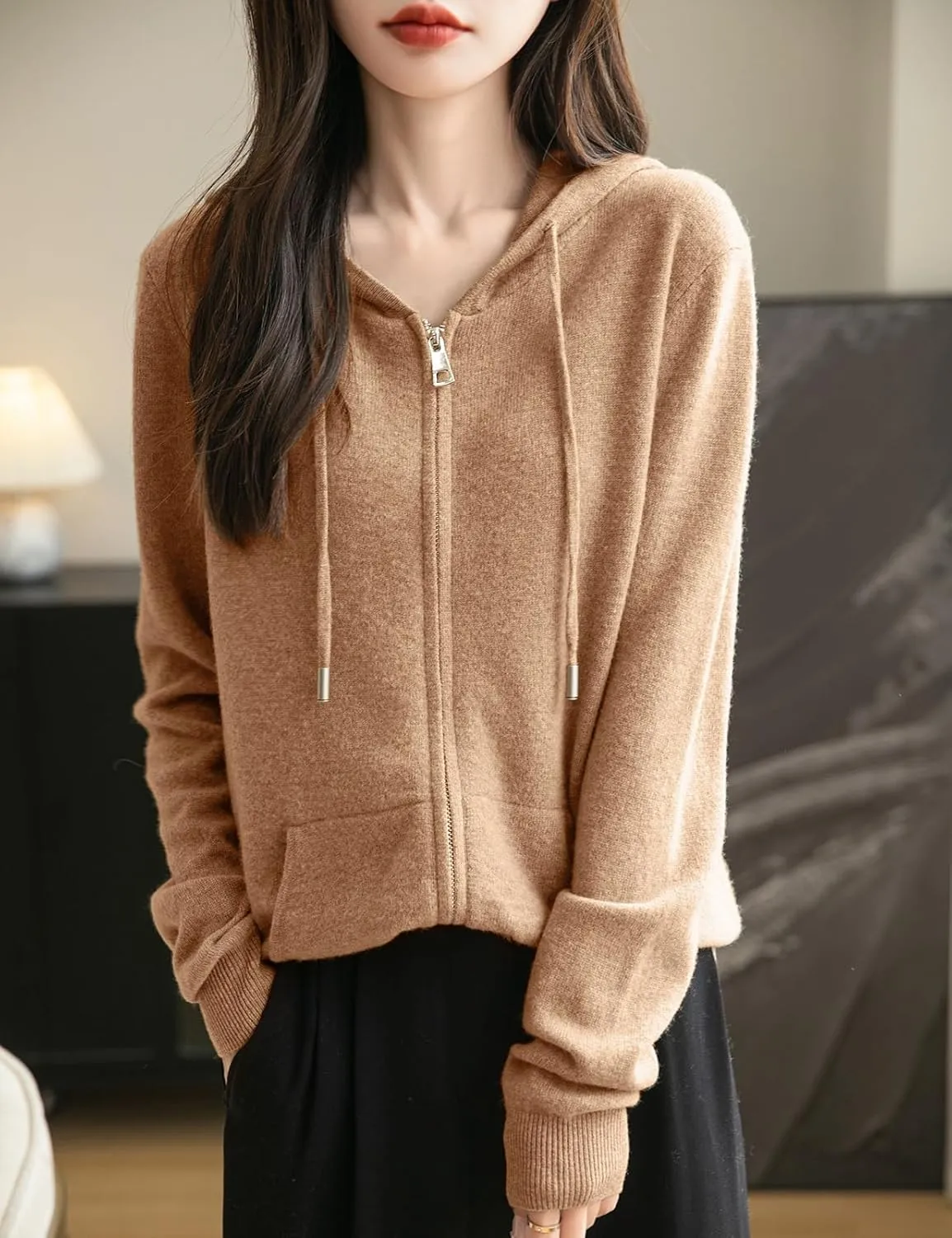 Women's 100% Merino Wool Zip Up Hoodies 2025 Fall Winter Warm Long Sleeve Knit Sweatshirt Cardigan with Pocket