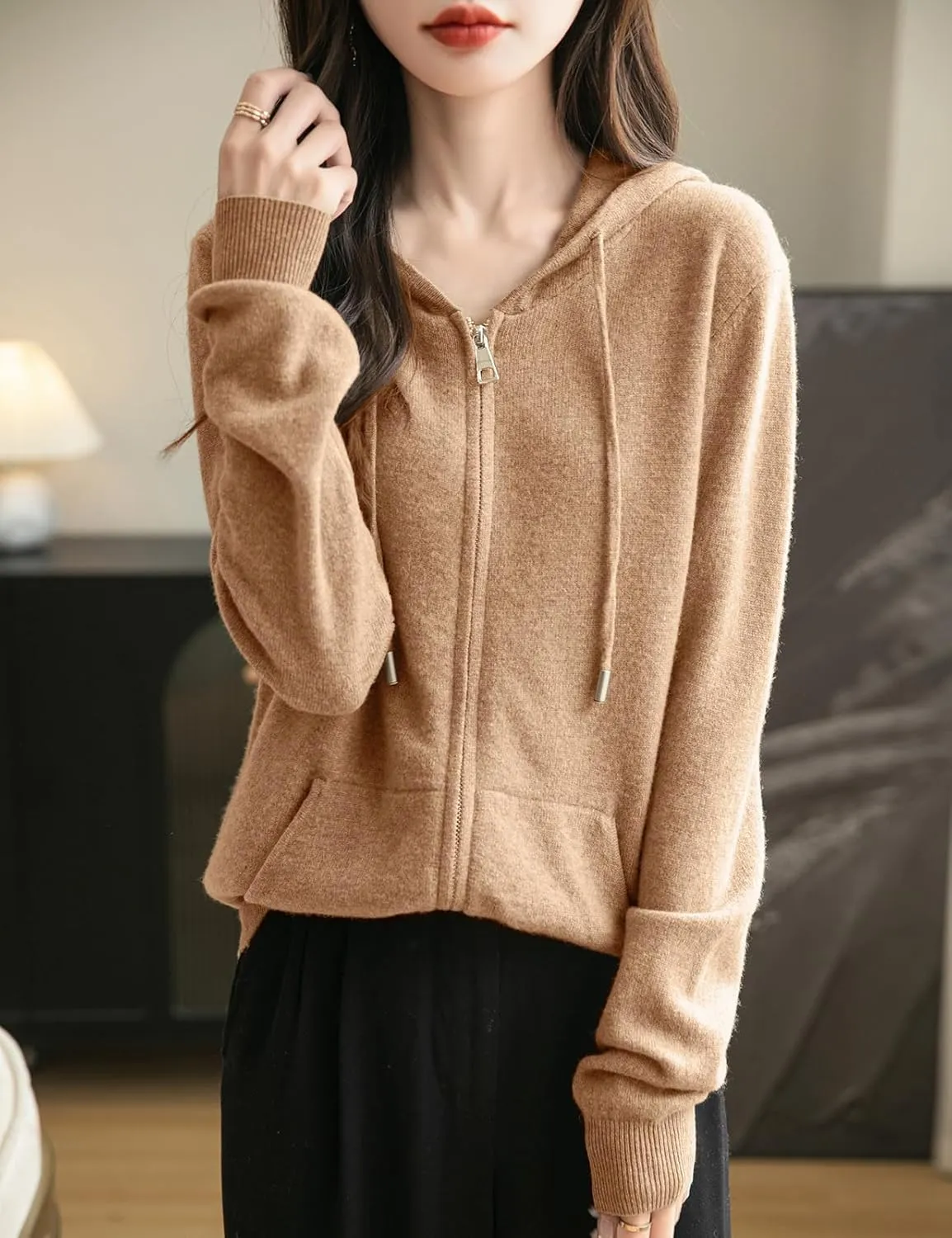 Women's 100% Merino Wool Zip Up Hoodies 2025 Fall Winter Warm Long Sleeve Knit Sweatshirt Cardigan with Pocket