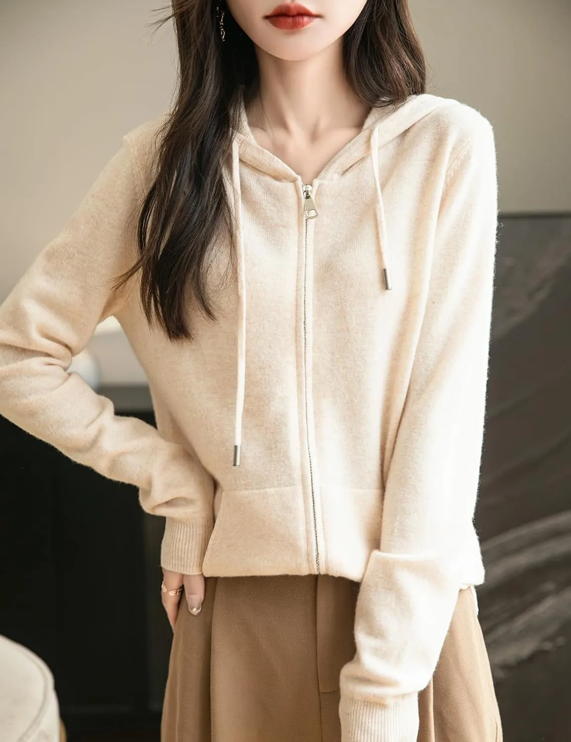 Women's 100% Merino Wool Zip Up Hoodies 2025 Fall Winter Warm Long Sleeve Knit Sweatshirt Cardigan with Pocket