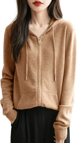 Women's 100% Merino Wool Zip Up Hoodies 2025 Fall Winter Warm Long Sleeve Knit Sweatshirt Cardigan with Pocket