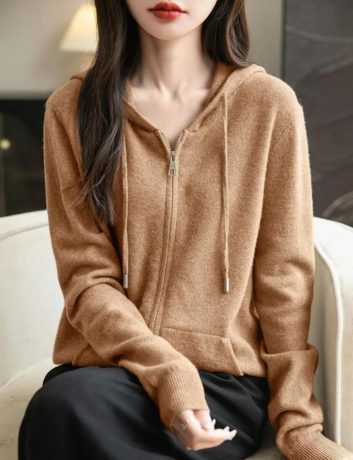 Women's 100% Merino Wool Zip Up Hoodies 2025 Fall Winter Warm Long Sleeve Knit Sweatshirt Cardigan with Pocket