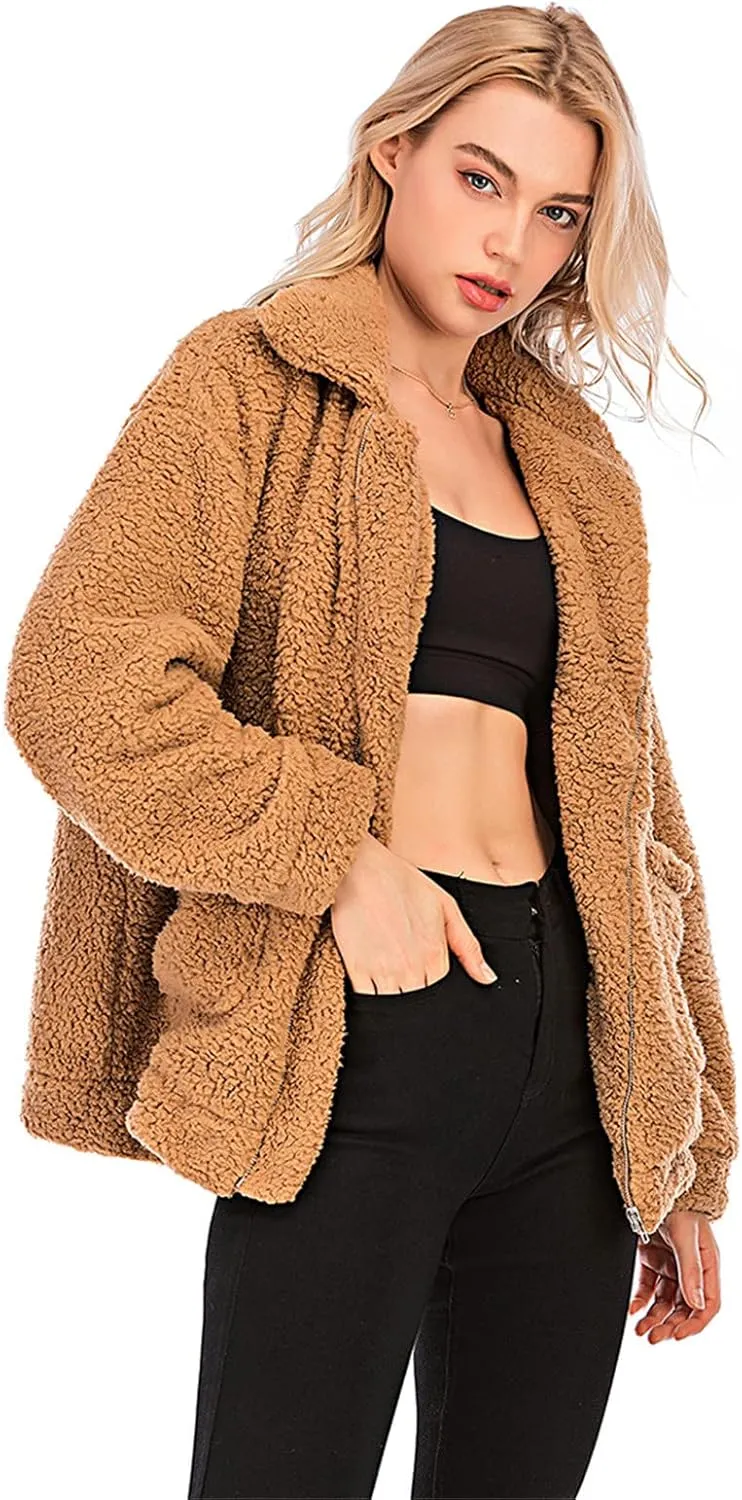 Womens Faux Shearling Jacket, Casual Lapel Fleece Fuzzy Jacket Shaggy Oversized Jacket Fashion Cardigan Coat