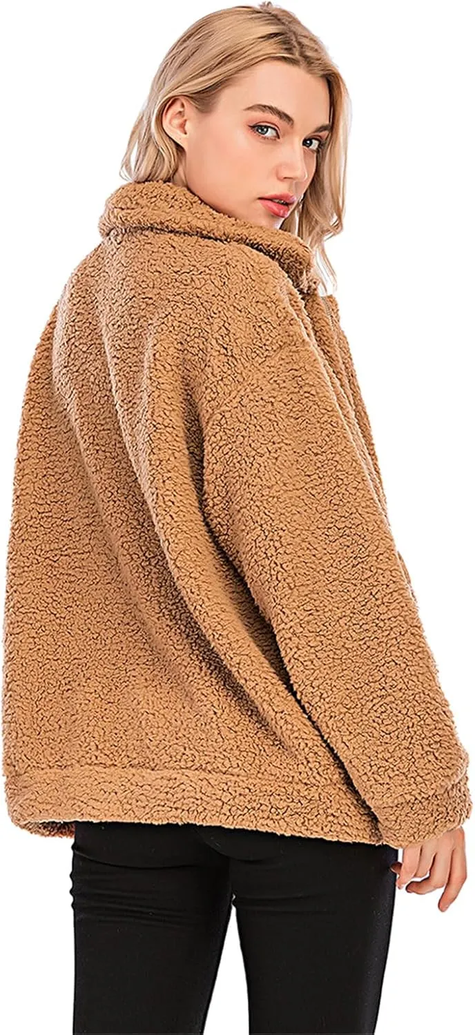Womens Faux Shearling Jacket, Casual Lapel Fleece Fuzzy Jacket Shaggy Oversized Jacket Fashion Cardigan Coat