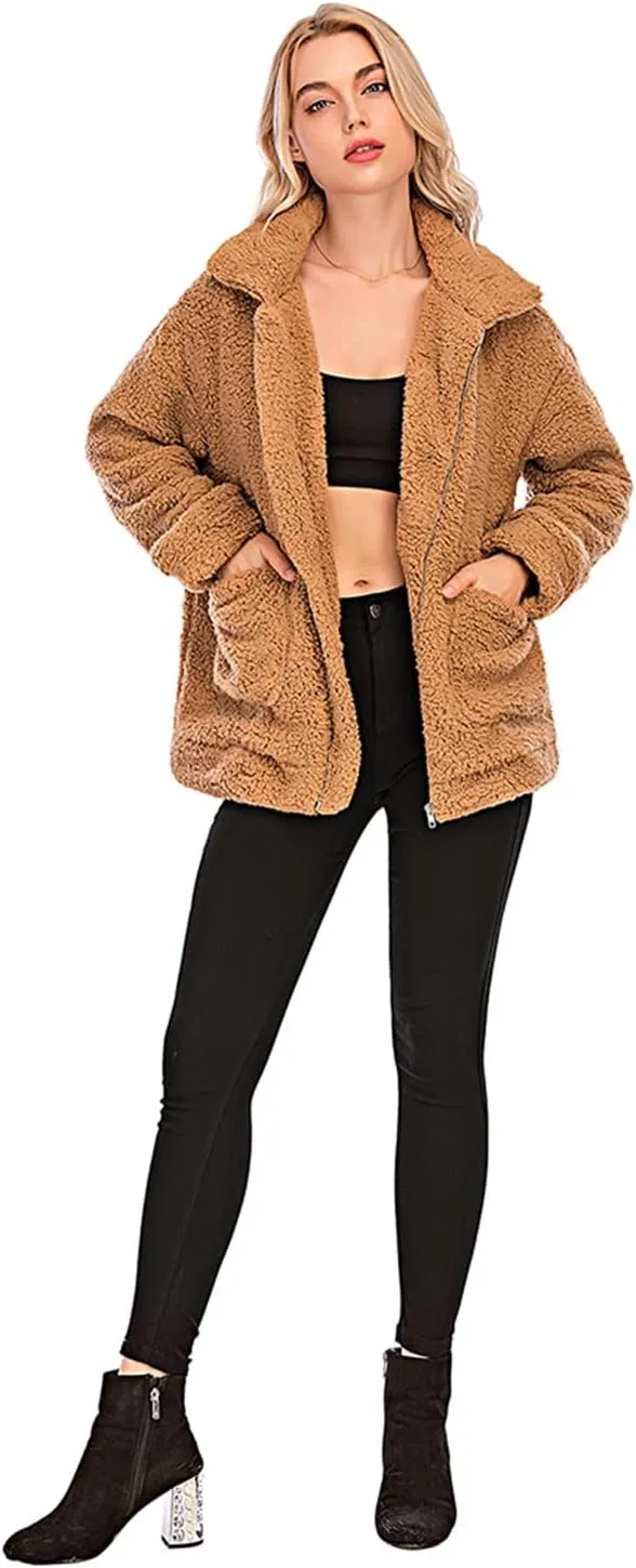Womens Faux Shearling Jacket, Casual Lapel Fleece Fuzzy Jacket Shaggy Oversized Jacket Fashion Cardigan Coat