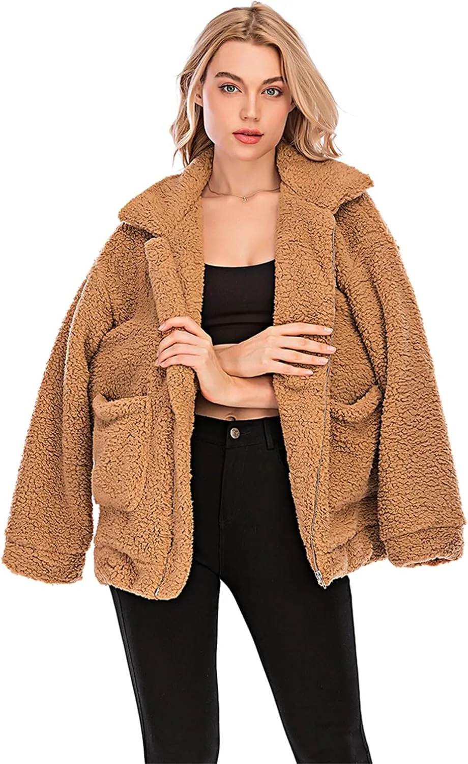 Womens Faux Shearling Jacket, Casual Lapel Fleece Fuzzy Jacket Shaggy Oversized Jacket Fashion Cardigan Coat