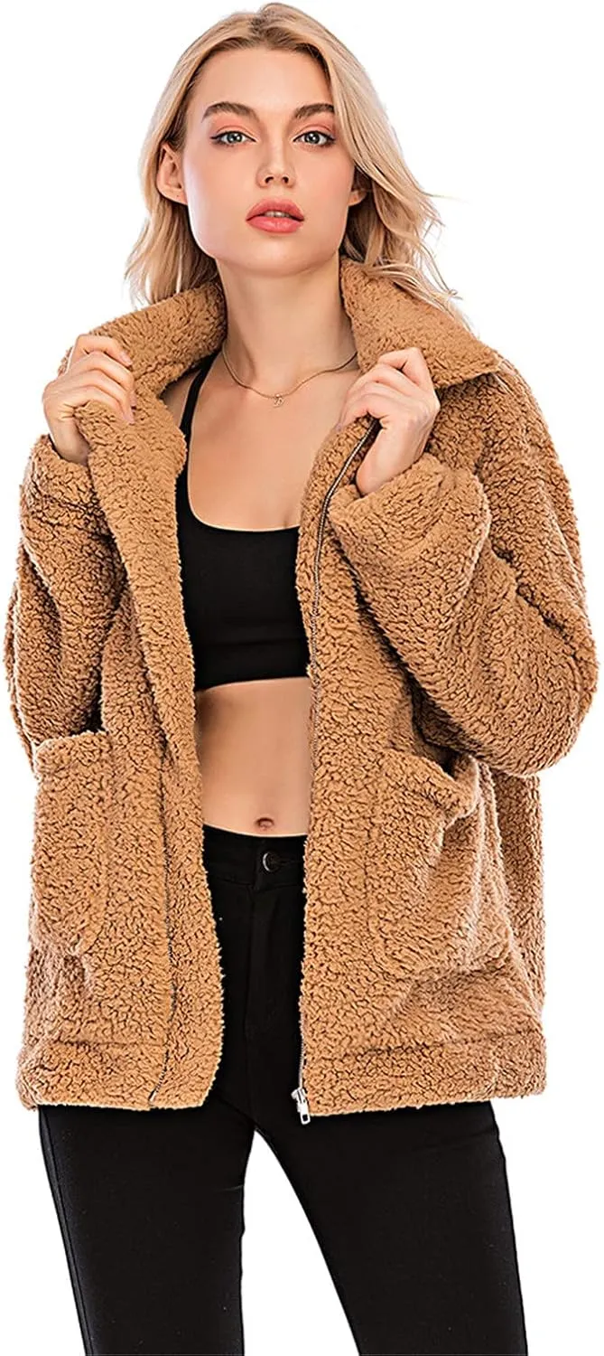 Womens Faux Shearling Jacket, Casual Lapel Fleece Fuzzy Jacket Shaggy Oversized Jacket Fashion Cardigan Coat