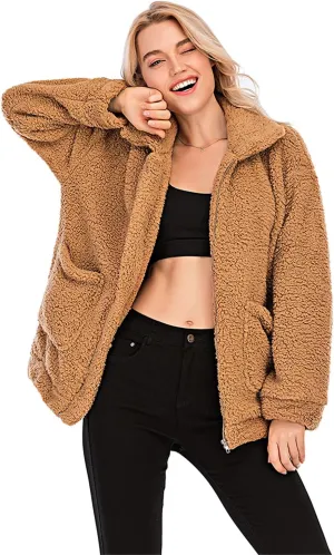 Womens Faux Shearling Jacket, Casual Lapel Fleece Fuzzy Jacket Shaggy Oversized Jacket Fashion Cardigan Coat