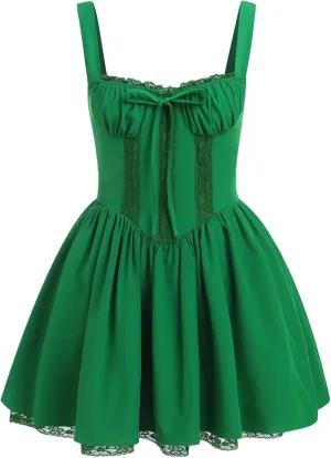 Women’s Floral Printed Corset Dress Spaghetti Strap Flare Summer Midi Dress Lace Trim Cami Dress Flowy Sundress