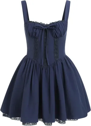 Women’s Floral Printed Corset Dress Spaghetti Strap Flare Summer Midi Dress Lace Trim Cami Dress Flowy Sundress
