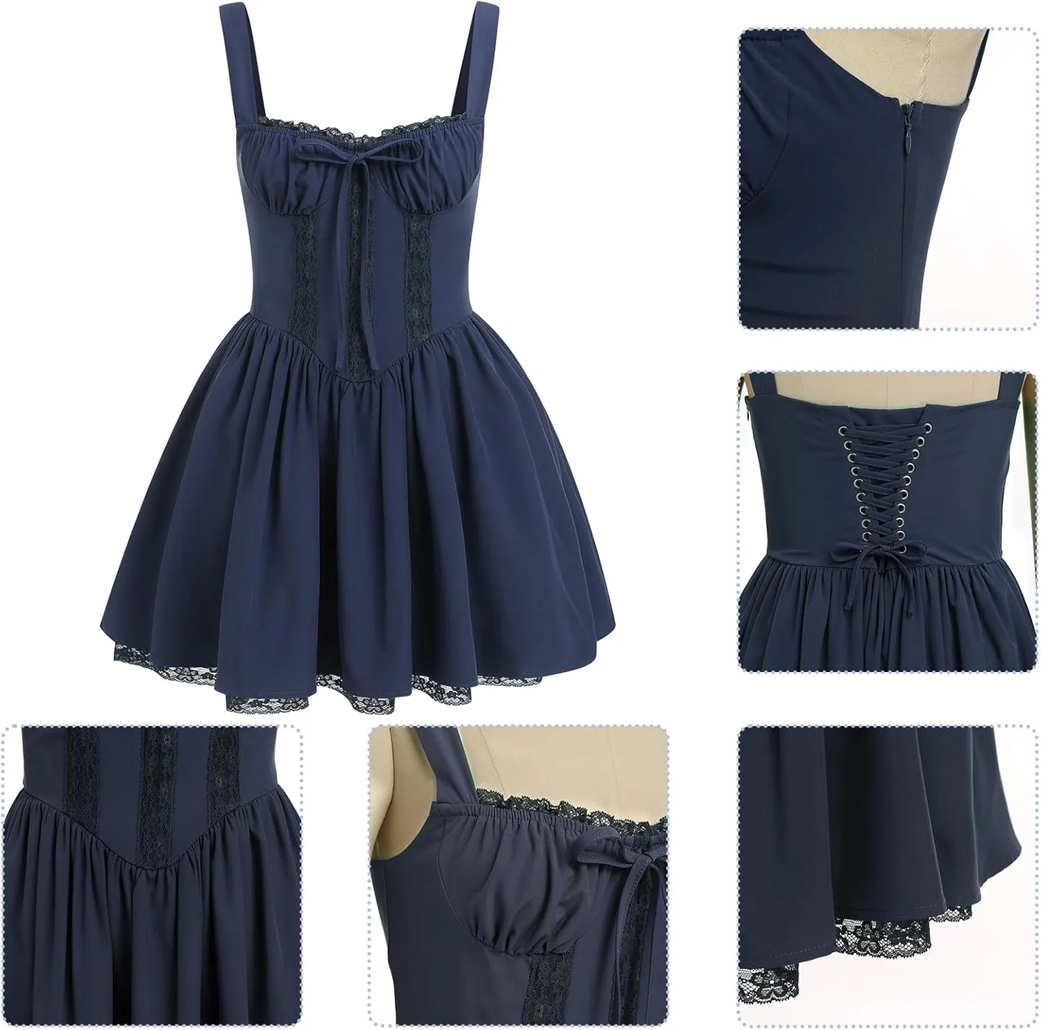 Women’s Floral Printed Corset Dress Spaghetti Strap Flare Summer Midi Dress Lace Trim Cami Dress Flowy Sundress