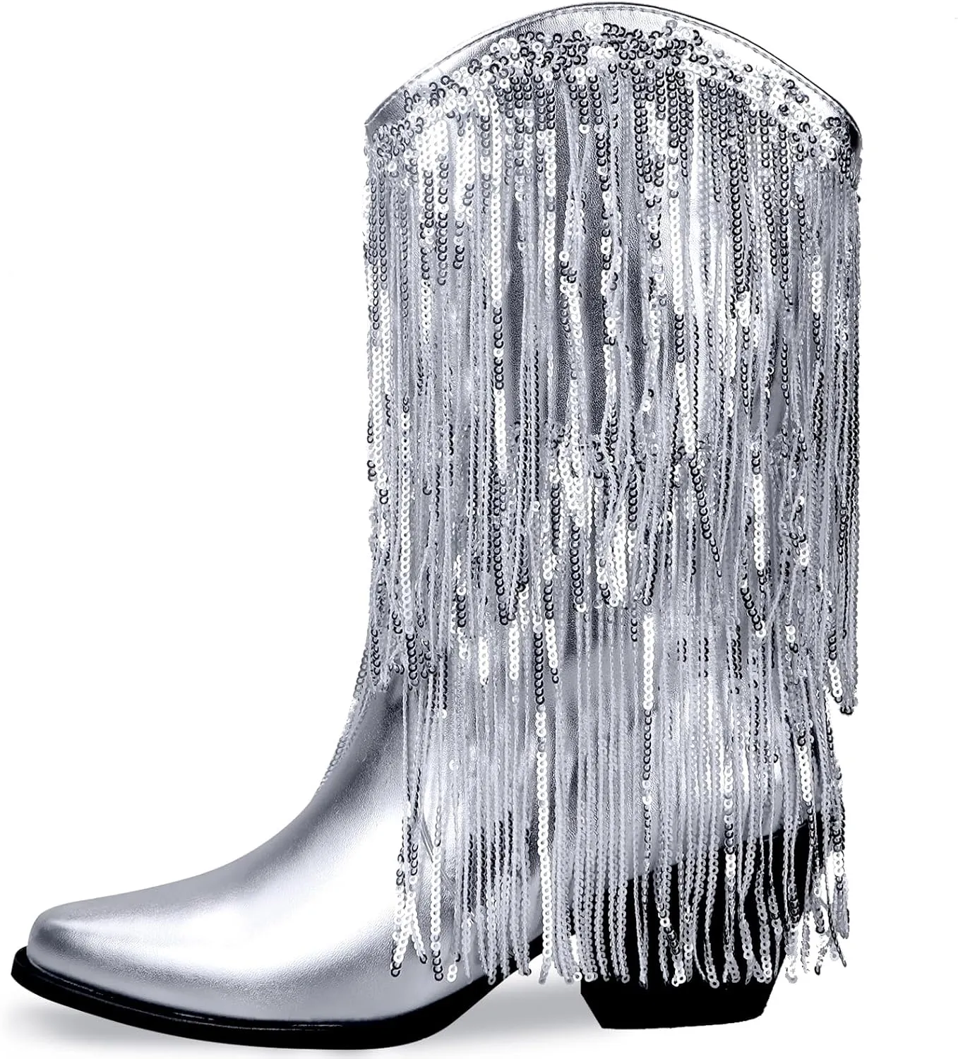 Womens Fringe Metallic Cowboy Boots Pointed Toe Chunky Hell Tassel Mid Calf Boots
