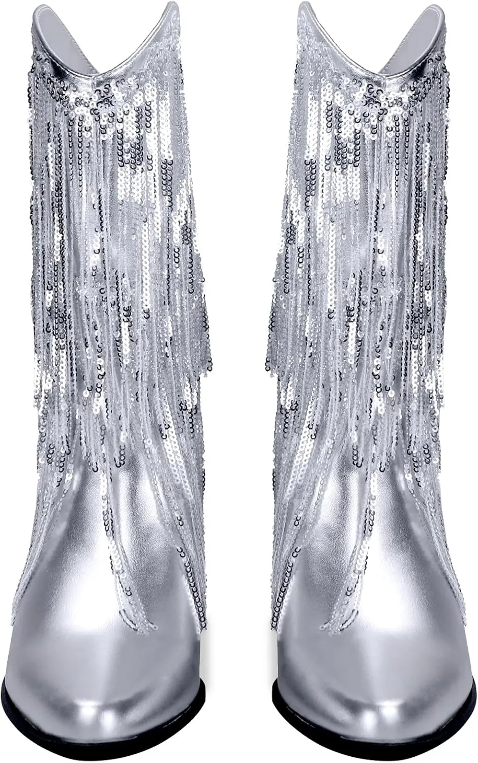 Womens Fringe Metallic Cowboy Boots Pointed Toe Chunky Hell Tassel Mid Calf Boots