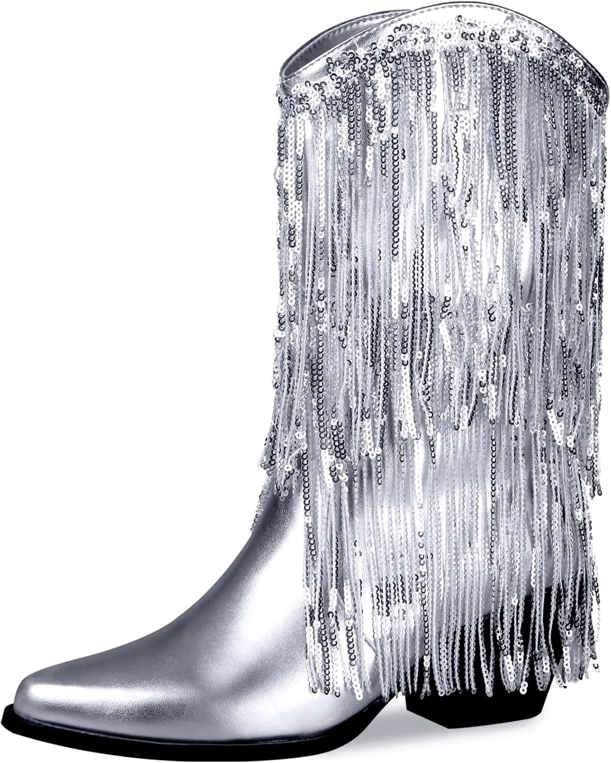 Womens Fringe Metallic Cowboy Boots Pointed Toe Chunky Hell Tassel Mid Calf Boots