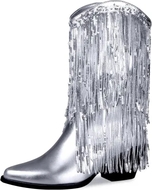 Womens Fringe Metallic Cowboy Boots Pointed Toe Chunky Hell Tassel Mid Calf Boots