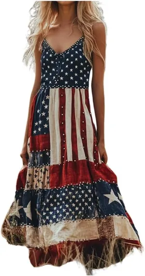 Women's Independence Day Patch Art Line Dress Floral American Flag Dresses