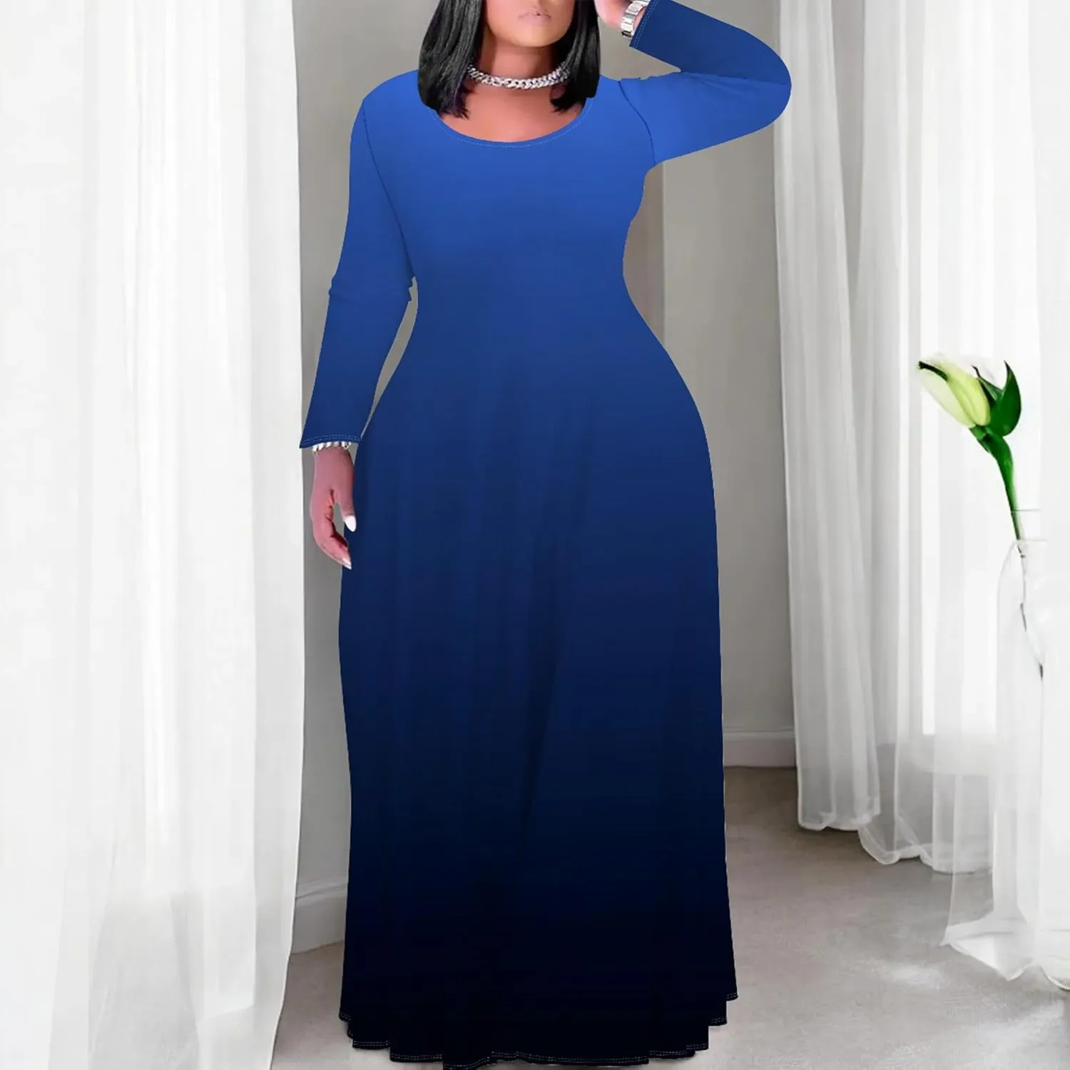 Women's Long Sleeve V Neck Loose Dress Solid Gradient Tie Dye A-Line Dress Plus Size Curve Fit Cocktail Dresses
