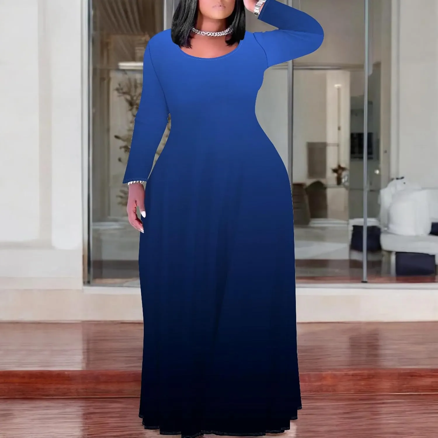 Women's Long Sleeve V Neck Loose Dress Solid Gradient Tie Dye A-Line Dress Plus Size Curve Fit Cocktail Dresses