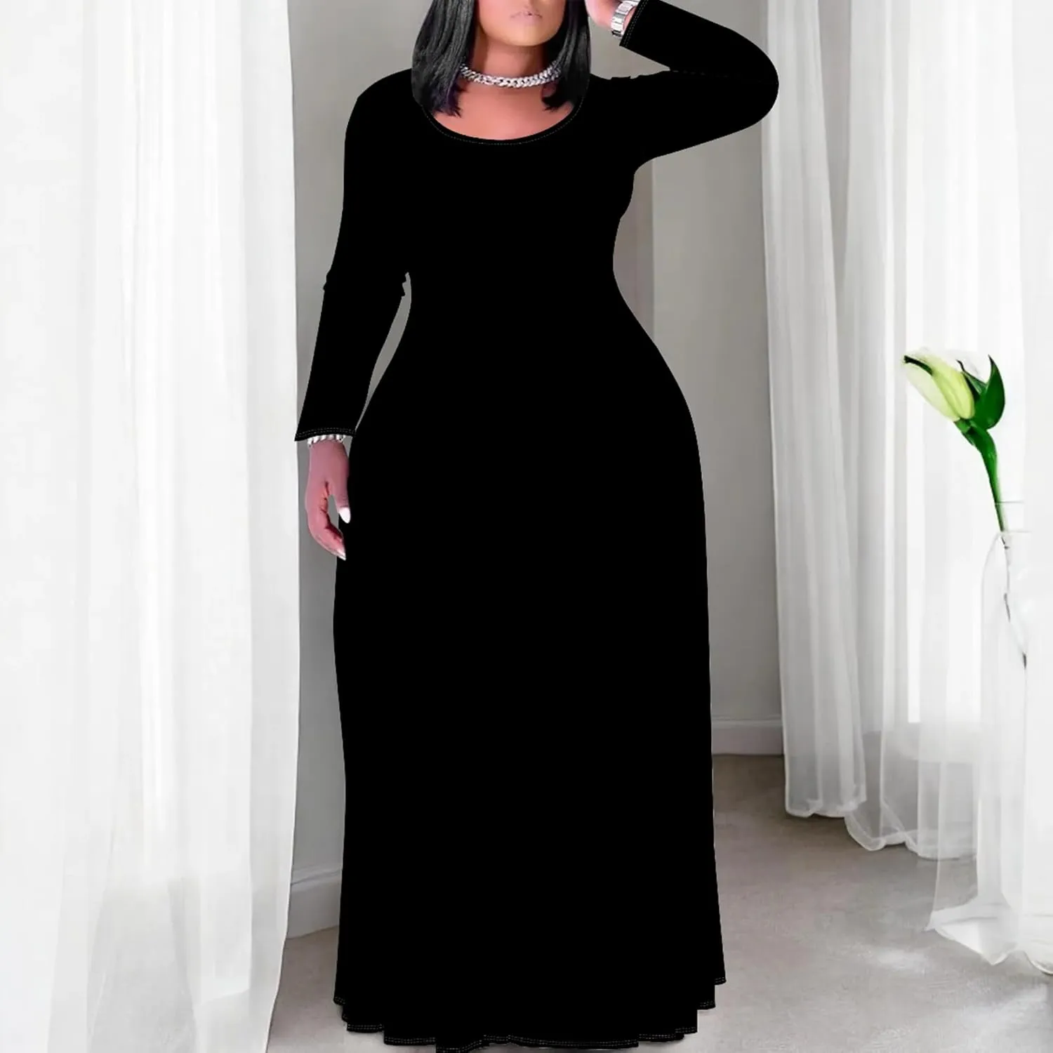 Women's Long Sleeve V Neck Loose Dress Solid Gradient Tie Dye A-Line Dress Plus Size Curve Fit Cocktail Dresses