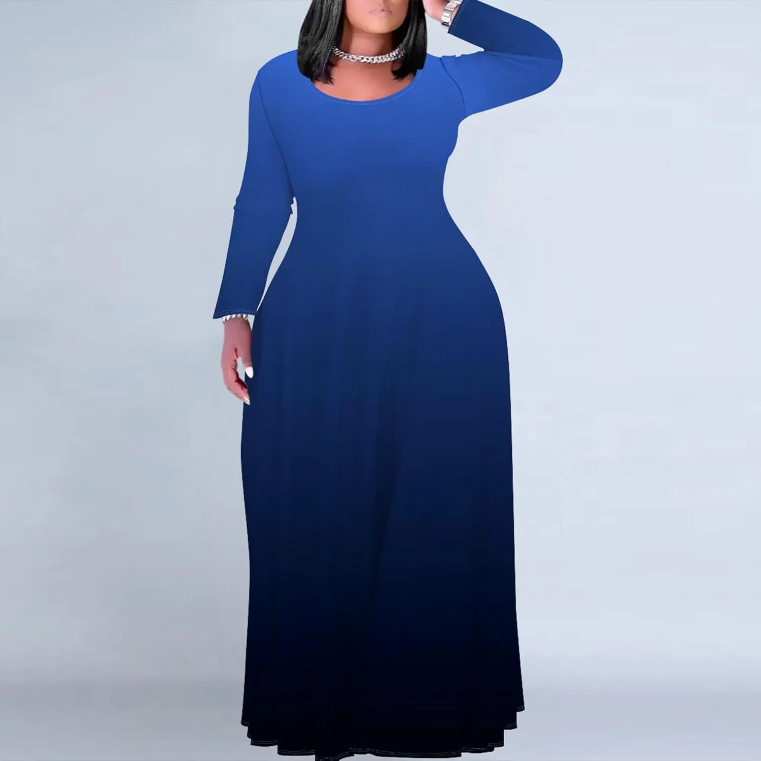 Women's Long Sleeve V Neck Loose Dress Solid Gradient Tie Dye A-Line Dress Plus Size Curve Fit Cocktail Dresses