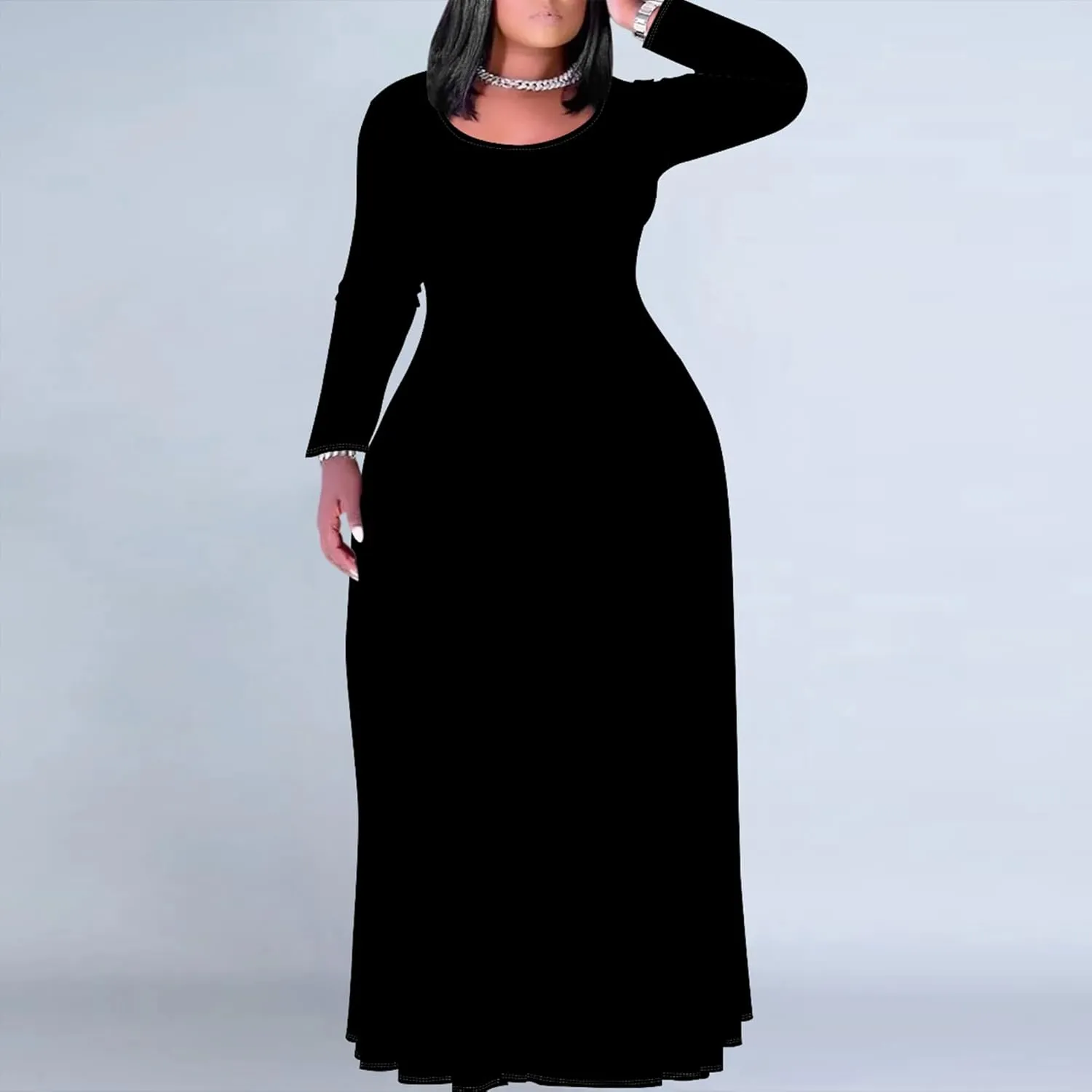 Women's Long Sleeve V Neck Loose Dress Solid Gradient Tie Dye A-Line Dress Plus Size Curve Fit Cocktail Dresses